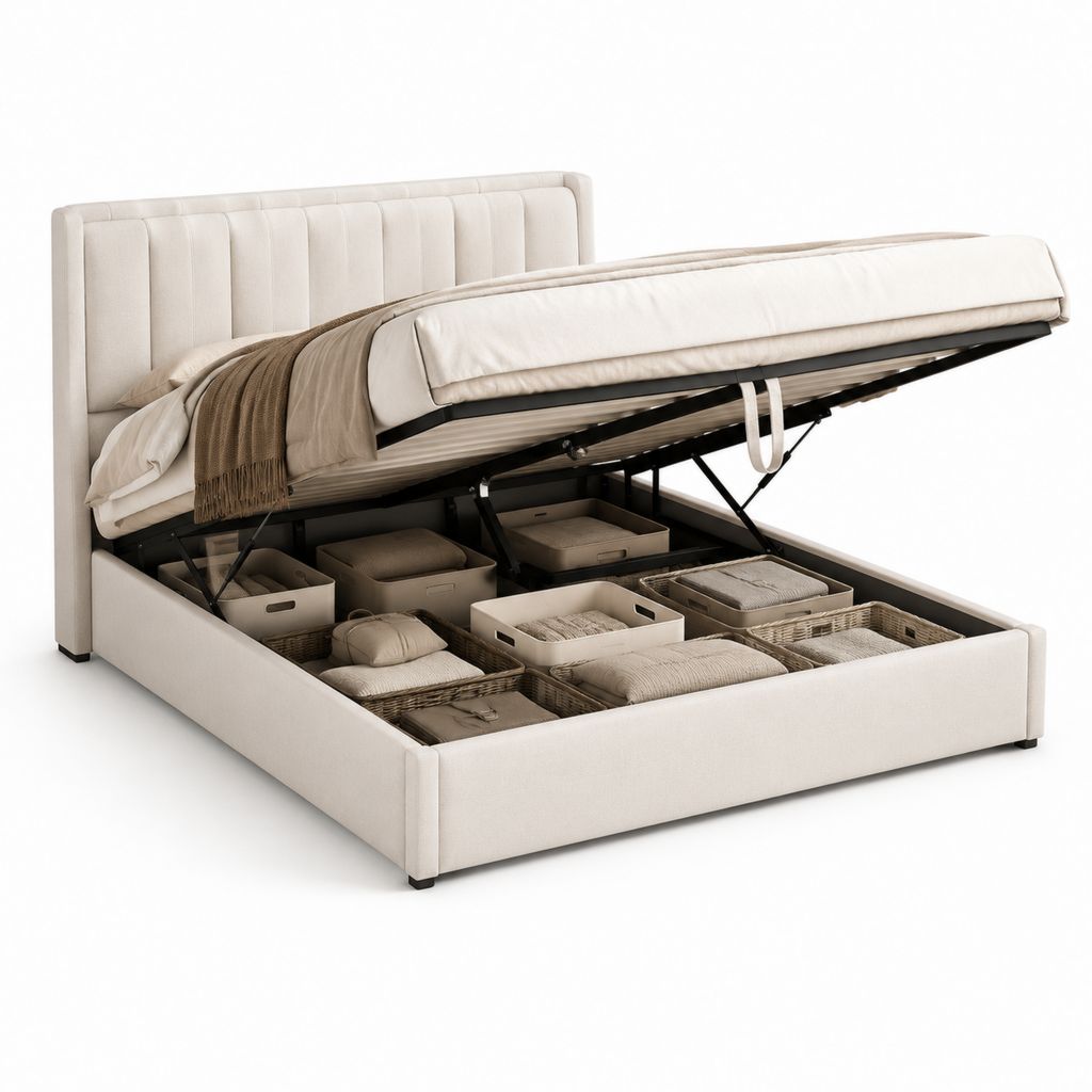 Lit coffre rectangulaire 160 x 200 cm beige en polyester avec tête de lit capitonnée