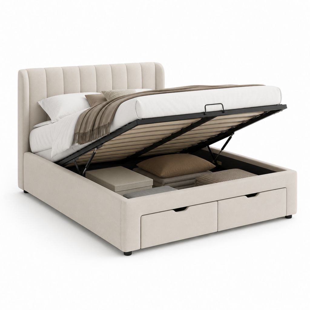 Lit coffre avec rangement beige en polyester rectangulaire 160 x 200 cm