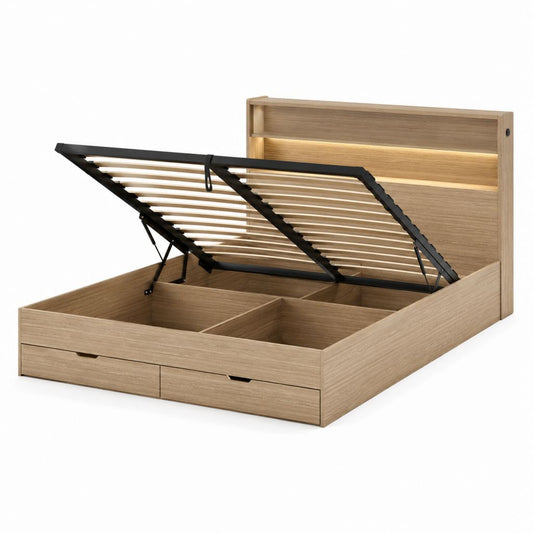 Lit coffre 160 x 200 cm chêne clair en panneaux de particules avec tiroirs et sommier relevable