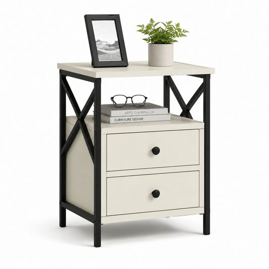Table de chevet à 2 tiroirs blanc cassé et noir en panneaux MDF et acier 45 x 35 x 65 cm