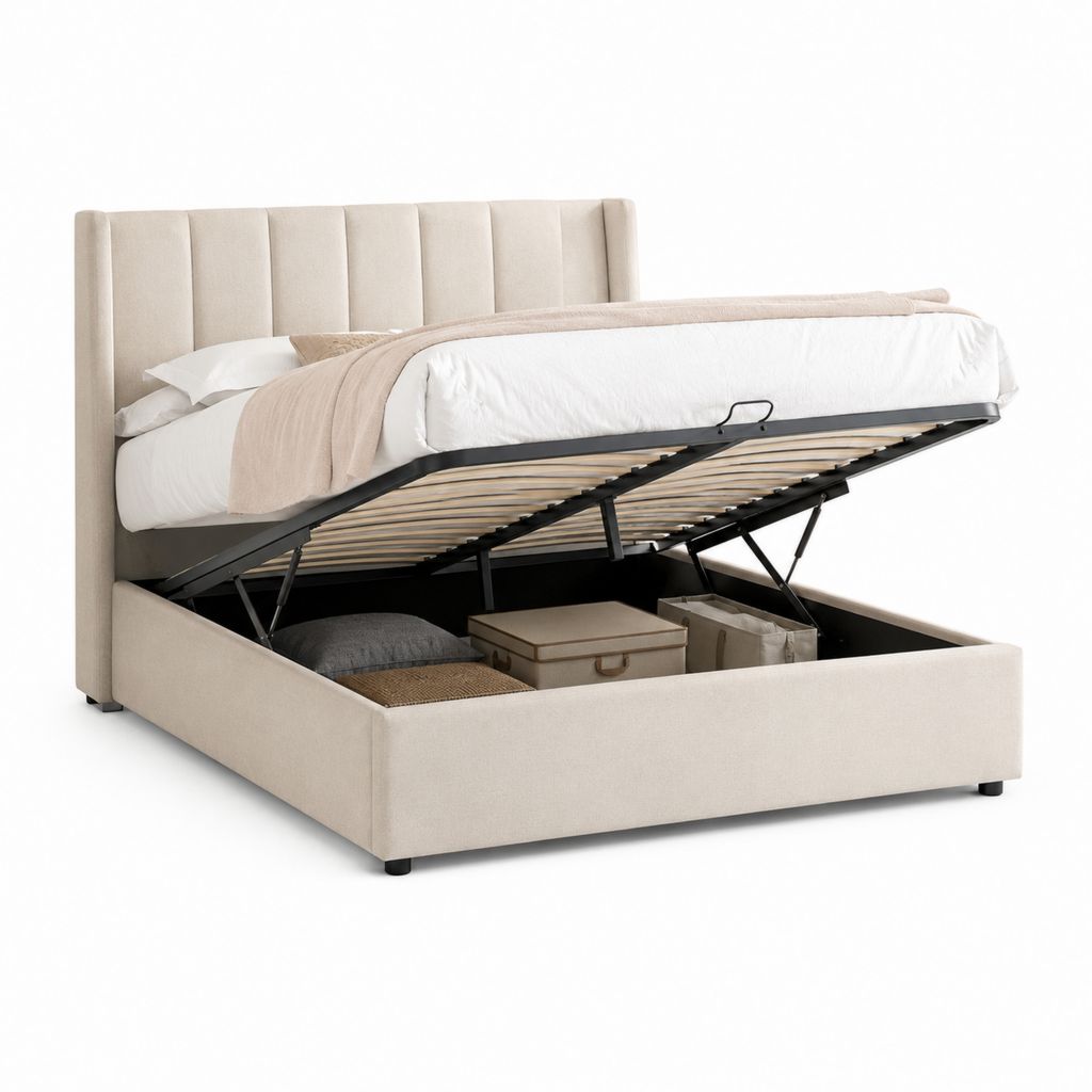 Lit coffre 160 x 200 cm beige en polyester avec tête de lit capitonnée et sommier relevable