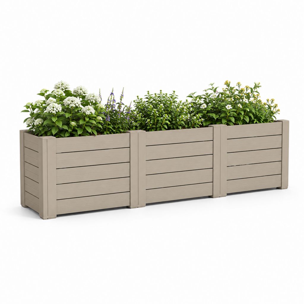 Jardinière surélevée triple en polypropylène beige effet lattes 120 x 40 x 43 cm