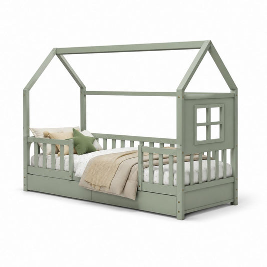 Lit cabane enfant vert sauge en pin massif forme maison 90 x 200 cm