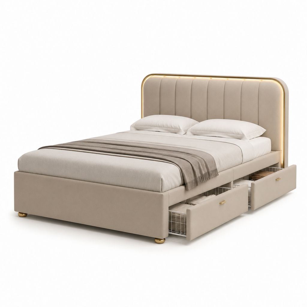 Lit coffre avec 4 tiroirs beige en polyester 160 x 200 cm