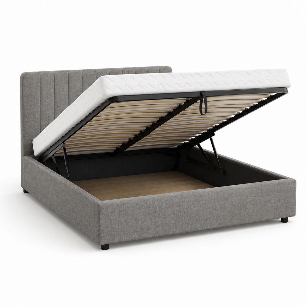 Lit coffre 160 x 200 cm gris en polyester avec sommier à lattes et rangement