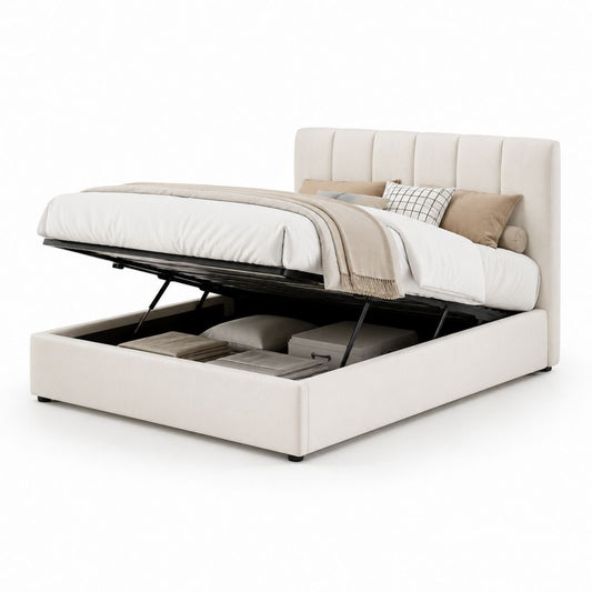 Lit coffre 160 x 200 cm blanc cassé en polyester avec tête de lit capitonnée