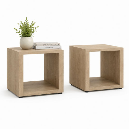 Lot de 2 tables de chevet carrées chêne clair en panneaux de particules 40 x 40 x 45 cm