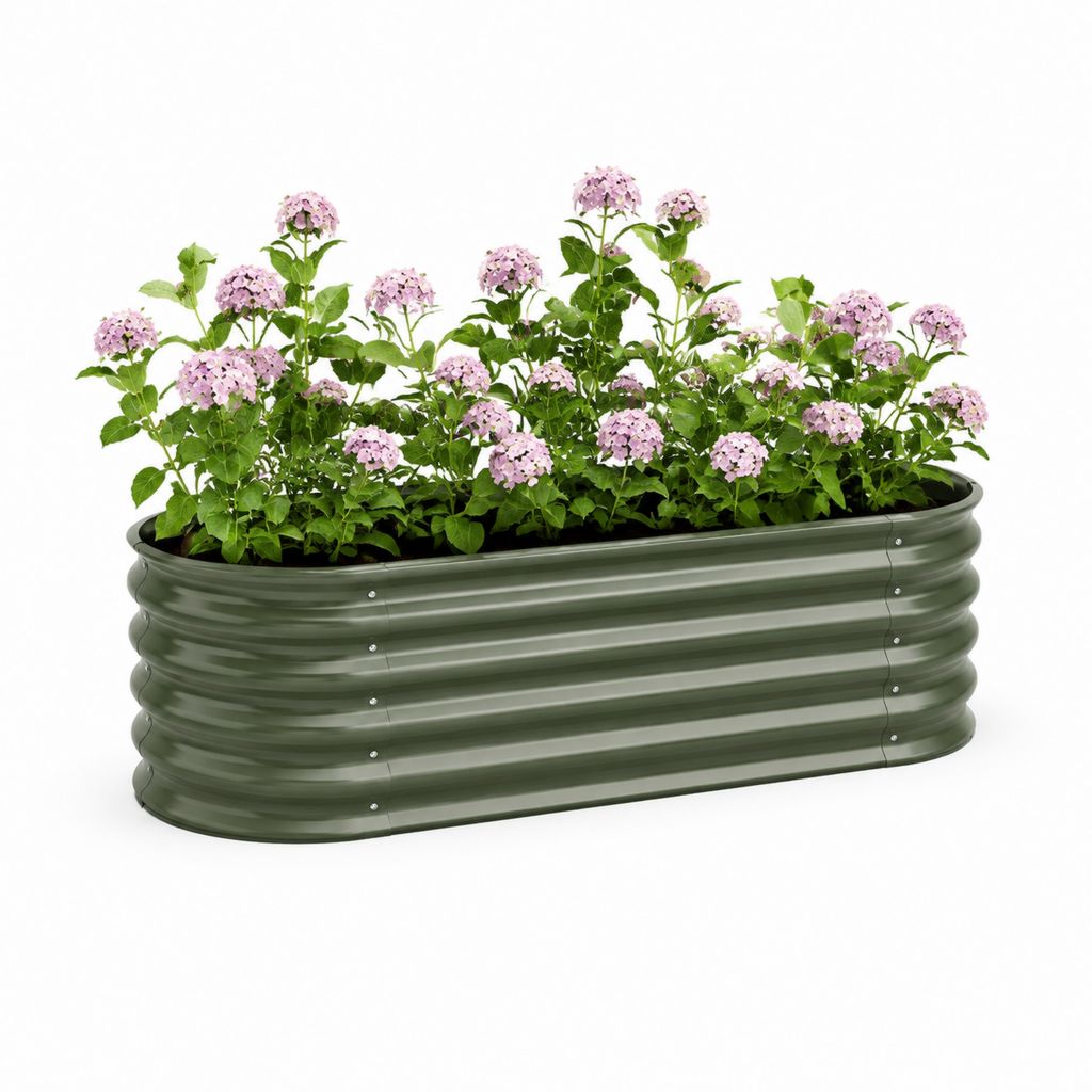 Jardinière surélevée ovale vert olive en acier galvanisé 120 x 60 x 30 cm