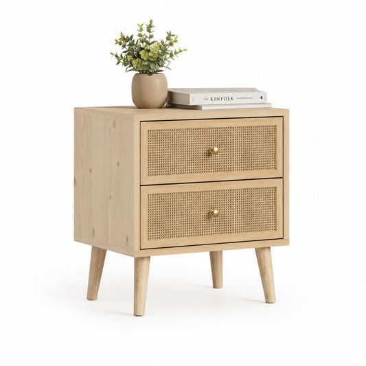 Table de chevet 2 tiroirs beige en pin massif et rotin rectangulaire 45 x 35 x 60 cm