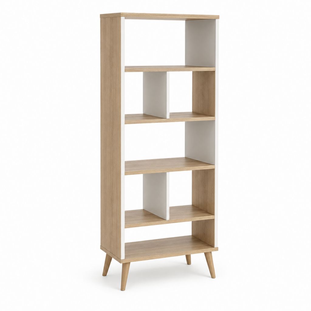 Étagère bibliothèque sur pied rectangulaire chêne clair et blanc en panneaux de particules mélaminés 80 x 30 x 180 cm