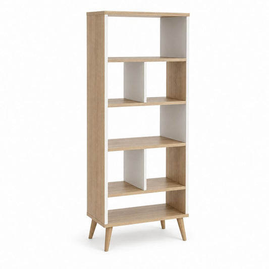 Étagère bibliothèque sur pied rectangulaire chêne clair et blanc en panneaux de particules mélaminés 80 x 30 x 180 cm