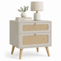 Table de chevet 2 tiroirs beige en panneaux MDF et cannage rotin 60 x 40 x 65 cm