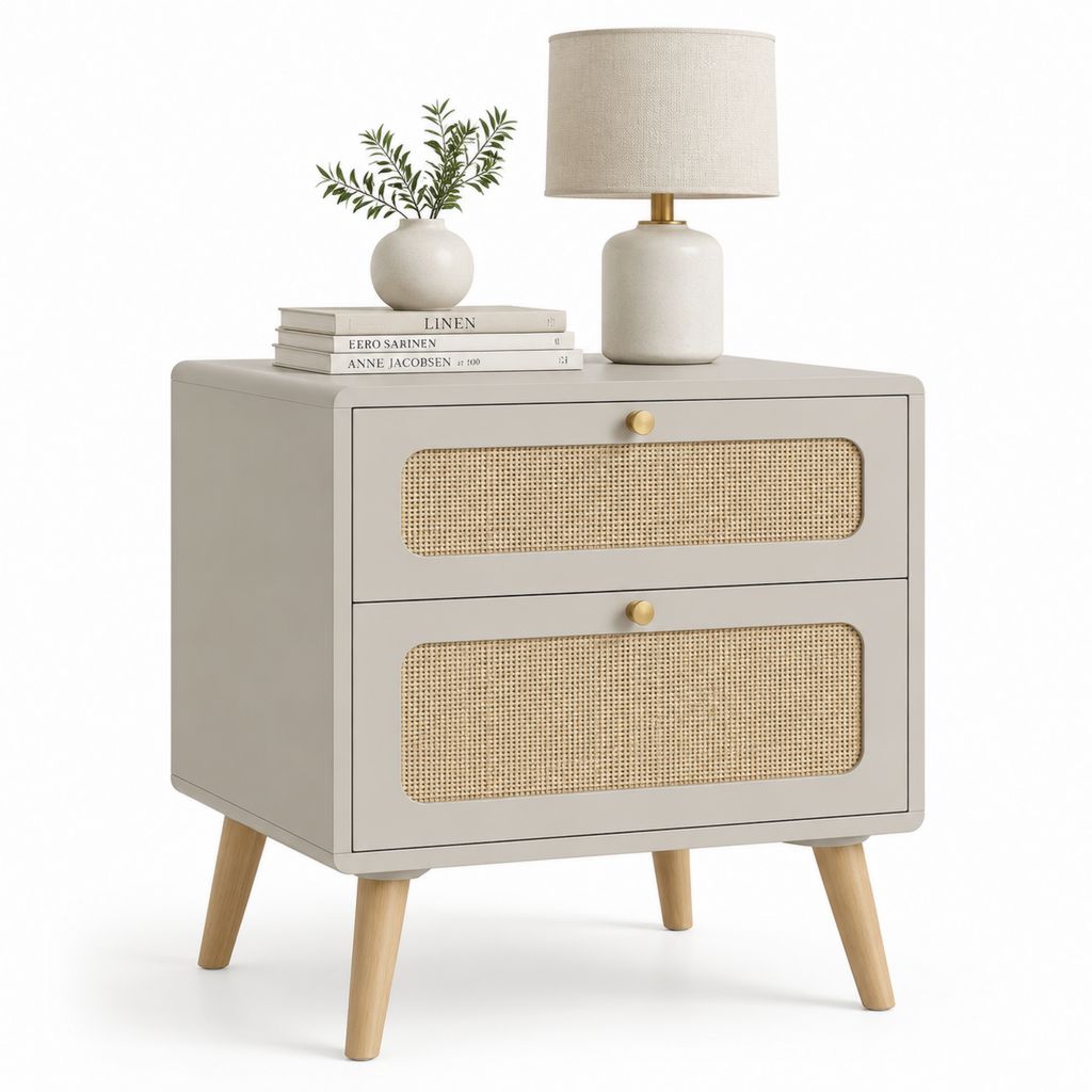 Table de chevet 2 tiroirs beige en panneaux MDF et cannage rotin 60 x 40 x 65 cm