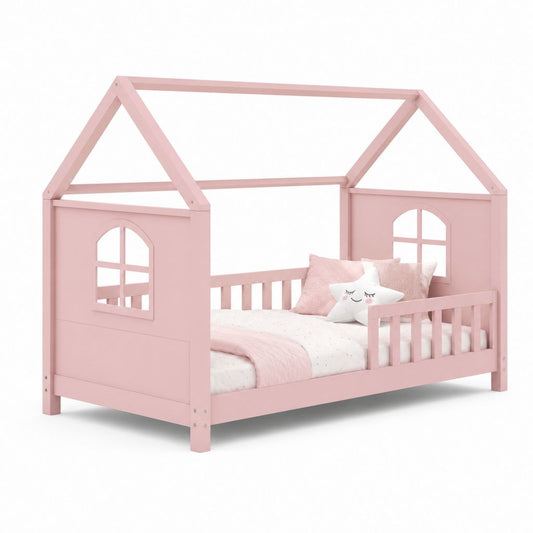 Lit cabane enfant rose en pin massif et MDF 90 x 190 cm 197 x 97 x 150 cm