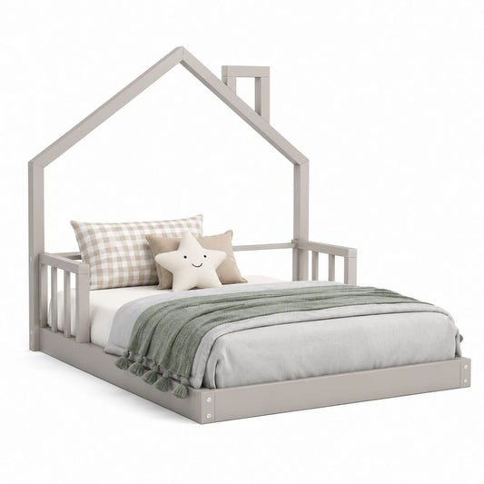 Lit cabane enfant gris en MDF 90 x 190 cm avec toit et barrières latérales