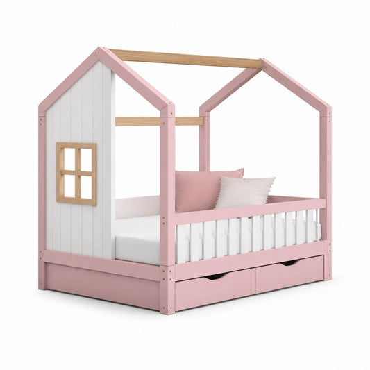 Lit cabane enfant avec tiroirs rose blanc pin massif MDF forme maison 90 x 200 cm