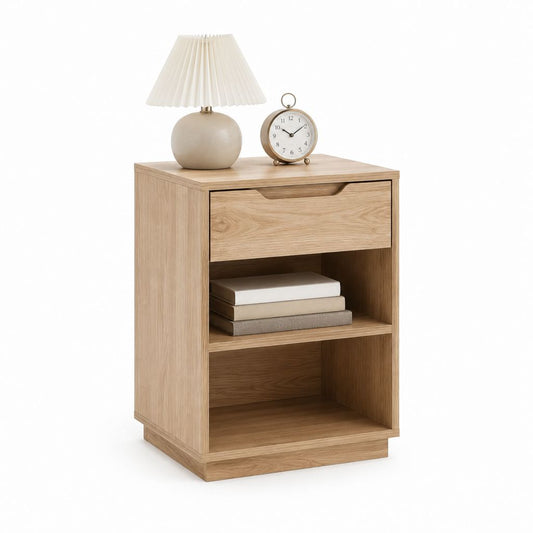 Table de chevet rectangulaire chêne clair en panneaux de particules 60 x 40 x 65 cm avec tiroir et 2 niches