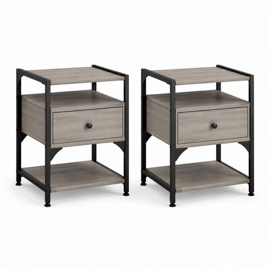 Lot de 2 tables de chevet grises et noires en panneaux de particules et acier rectangulaires 40 x 40 x 60 cm