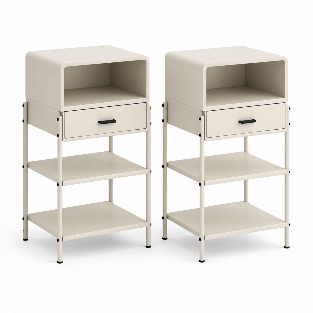 Lot de 2 tables de chevet crème en acier à structure rectangulaire 40 x 35 x 75 cm avec tiroir et étagères